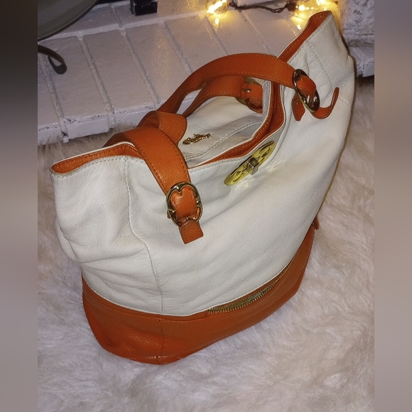 Emma Fox Colorblock Shoulder Bag. Goldtone Hardware. Double Sided. Logo. Orange. - Picture 12 of 13